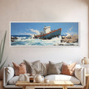 Man Vs. Ocean, Tugboat Crashing On The Rockets, Framed Canvas Print, Nautical Decor, Nautical Centerpiece