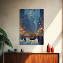 Snowy Winter City Scene Holiday Lights Framed Canvas Print Christmas Wall Art Urban Christmas Decor Holiday Gift Christmas Tree Art Gift