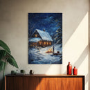 Cowboy Christmas by the Fire Framed Canvas Print, Western Holiday Decor with Snowy Cabin, Cozy Art Perfect for Rustic Christmas Winter Decor
