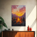 Red Barn at Fall Sunset Framed Canvas Print, Warm Autumn Landscape with Cows in Pasture, Perfect Wall Art for Country and Farmhouse Homes