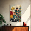 Mid-Century Family Christmas Celebration with Turntable and Christmas Tree, Retro Holiday Wall Art, Framed Canvas Print