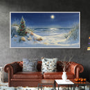 Christmas Tree on Snowy Beach with Full Moon, Framed Canvas Print, Coastal Christmas Art, Nautical Holiday Decor, Winter Wonderland, Beach
