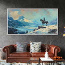 Smiling cowgirl in snow with autumn trees, Framed Canvas Print, rustic wall art winter autumn, tall art piece farmhouse country decor
