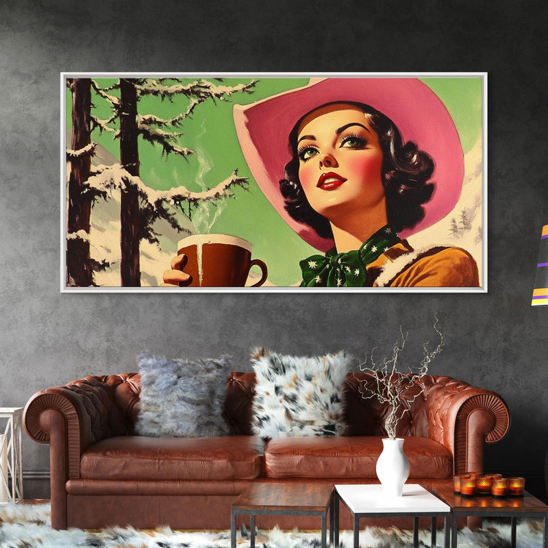Retro Cowgirl Having A Cup Of Coffee, Framed Canvas Print, 1950s Style