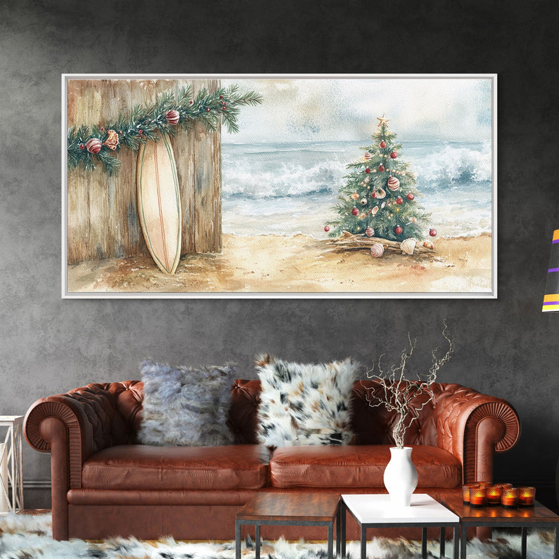 Christmas Tree On Sandy Beach With Surfboard Coastal Decor Framed Canv