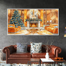 Luxurious Christmas Living Room Framed Canvas Print, Golden Holiday Decor with Christmas Tree and Fireplace Winter Wall Art