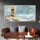 Coastal Christmas Lighthouse Decor Framed Canvas Print, Snowy Beach Scene with Holiday Wreath and Lighthouse Winter Wall Art