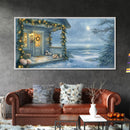 Rustic snowy mountain cabin with Christmas lights, Framed Canvas Print a cozy winter scene, perfect for winter wonderland wall decor