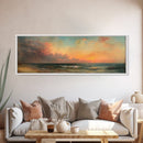 North Beach at Sunset, Framed Canvas Print, Beautiful Panoramic Seascape Painting, Boho / Minimalist Home Decor, Rustic Beach Art