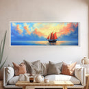 Japanese Sailboat on a Calm Sea, Framed Canvas Print, Panoramic Seascape Landscape Painting, Nautical Home Decor, Ocean Painting