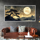 Bonzai Tree Under a Full Moon, Framed Canvas Print Ready To Hang, Minimalist Wabi Sabi Japanese Style Artwork, Above Sofa Wall Art, Home Decor