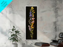 Elegant Wildflower Botanical Art - Framed Canvas Print Featuring Vertical Array of Vibrant Blooms on Dark Background