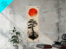Bold Red Sun Pine Tree Framed Canvas Print Japanese Inspired Minimalist Wall Art Rustic Zen Decor Unique Vertical Nature Artwork