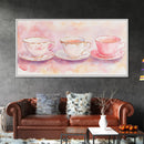 Vintage Tea Cups Artwork with Pink Wall Art Vibes on Framed Canvas Print, Cottagecore Style Kitchen or Dining Room Decor Gift