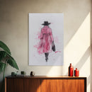Woman in Coat Framed Canvas Print Light Pink Wall Art Moody Minimalist Fashion Illustration Rustic Aesthetic Unique Gift Idea