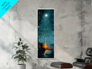 Moonlit Campfire, forest at dusk painting, moody art, rustic decor, vertical wall art, boho art, Canvas Print