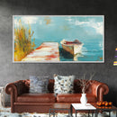 Wooden dock, rowboat, lake, marsh painting, fisherman painting, coastal decor, rustic wall art, framed canvas print, guest room art