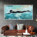 Woman Swimming, teal wall art, moody art, minimalist art, extra wide art, coastal decor, beach house art, Canvas Print
