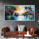 Tropical Sunset, Canvas Print, palm tree painting, coastal decor, wildflower painting, extra wide art, beach wall art
