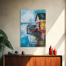 Rustic Boat Painting, Fishing Village Art, Coastal Landscape, Nautical Decor, Rustic Wall Art, Framed Canvas Print