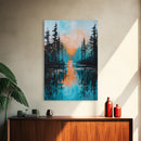 Sunset Reflection, pine tree art, landscape painting, teal wall art, Joshua tree art, framed canvas print, extra wide art