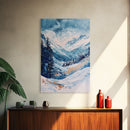 Blue Winter Wonderland Canvas Print Snowy Mountain Art, Nordic Landscape Painting, Ski Lodge Wall Decor, Christmas Holiday Artwork