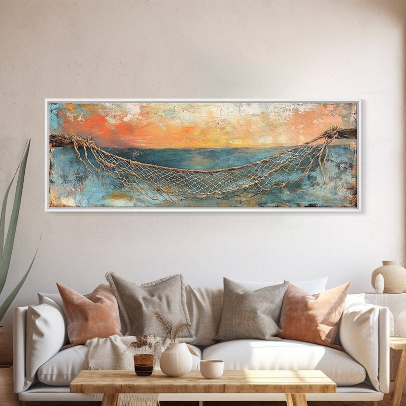 decorative fishing net in living room Fishing Net Sunset Canvas Print Coastal Wall Art Nautical Seaside Artwork Beach House Decor Ocean Landscape Framed Print