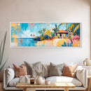 Tropical Beach Hut Painting, Vibrant Coastal Paradise Wall Art, Colorful Island House Decor, Living Room Aesthetic, Canvas Print