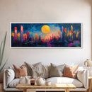 Neon Moon Fantasy Canvas Print - Vibrant Sci-Fi Cityscape Painting, Psychedelic Wall Art, Trippy Room Aesthetic, Urban Decor