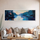 Twilight Lake Reflections Framed Canvas Print, Moody Landscape Painting, Dark Blue Nature Wall Art, Bedroom Art, Wilderness Artwork