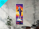 Dolphin Jump, Ocean Sunset Art, Framed Canvas Print, Vibrant Marine Life, Coastal Home Decor, Sea Animal Art, Beach House Wall Art