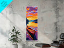 Wooden Canoe, Sunset Waters, Framed Canvas Print, Boho Wall Art, Lakehouse Decor, Vibrant Nature Painting, Living Room Artwork