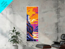 Cliffside House, Vibrant Mountain Art, Dreamy Sunset View, Framed Canvas Print, Unique Home Decor, Bold Landscape, Rustic Aesthetic