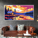 Cabin Lake, Sunset Reflection, Framed Canvas Print, Cozy Cottage Wall Art, Nature Landscape Painting, Fall Vibes, Living Room Art