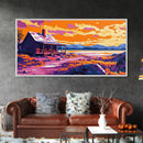 Rustic Cabin, Autumn Landscape Art, Framed Canvas Print, Mountain Lake View, Cozy Home Decor, Farmhouse Wall Art, Nature Painting