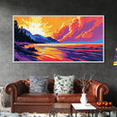 Lakeside Sunset, Vibrant Landscape Art, Warm Color Nature Scene, Bold Scenic Print, Framed Canvas Print, Living Room Wall Art