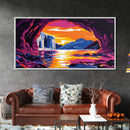 Sunset Waterfall, Cave Art, Nature Landscape, Rustic Home Decor, Wilderness Wall Art, Adventure Scene, Framed Canvas Print