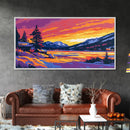 Snowy Sunset, Cabin Art, Winter Landscape, Cozy Lodge Decor, Scenic Mountain View, Rustic Living Room, Framed Canvas Print