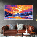 Frozen River, Mountain Sunset, Winter Landscape, Nature Wall Art, Cozy Home Aesthetic, Seasonal Framed Canvas Print