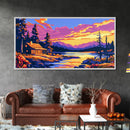 Log Cabin, River Sunset, Cozy Home Decor, Vibrant Nature Art, Framed Canvas Print, Rustic Wall Artwork, Mountain Scene
