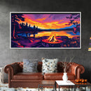 Campfire, Lake Sunset, Cozy Cabin Art, Vibrant Nature Scene, Framed Canvas Print, Outdoor Adventure Art, Rustic Home Decor