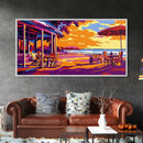 Beach Café, Vibrant Coastal Scene, Warm Color Wall Art, Sunset Patio Print, Boho Home Decor, Framed Canvas Print, Dining Room Wall Art