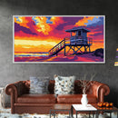 Lifeguard Tower, Beach Sunset, Coastal Landscape, Ocean Home Decor, Framed Canvas Print, Modern Wall Art, Vibrant Seaside Scene