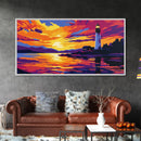 Seaside Lighthouse, Golden Sunset, Ocean Wall Art, Nautical Decor, Framed Canvas Print, Coastal Living Room Artwork, Vibrant Landscape