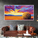 Haystack Field, Golden Sky, Rustic Farmhouse Art, Autumn Country Scene, Framed Canvas Print, Warm Home Decor, Vibrant Wall Artwork