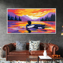 Loon on Lake, Nature Wildlife Art, Tranquil Sunset Scene, Serene Wall Decor, Framed Canvas Print, Cozy Cabin Artwork, Outdoor Theme