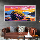 Mossy Rock, River Sunset, Nature Serenity, Framed Canvas Print, Rustic Landscape Art, Living Room Wall Decor, Boho Wilderness Art