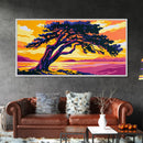 Windswept Tree, Sunset Lake, Coastal Tranquility, Framed Canvas Print, Modern Nature Wall Art, Earthy Boho Decor, Vibrant Landscape