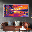 Lakeside Café, Sunset Art, Vibrant Landscape, Waterfront Decor, Modern Impressionism, Cozy Bistro Scene, Warm Tones, Canvas Print