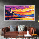 Windmill House, Lakeside Sunset, Vibrant Country Scene, Autumn Landscape, Rustic Home Decor, Serene Nature Art, Framed Canvas Print